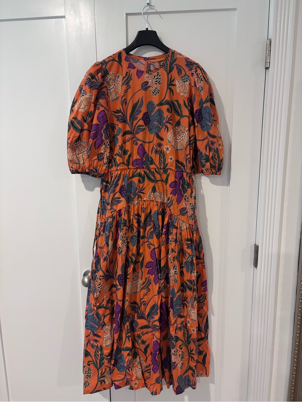 Oliphant Orange Floral Midi Dress with Puff Sleeves